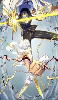 Rule 34 | 2boys, absurdres, back, black hair, black suit, clenched hand, dark lightning, debris, devil fruit, energy sword, epic, fighting, formal clothes, gear fifth, glowing, glowing sword, glowing weapon, haki (one piece), highres, holding, holding sword, holding weapon, kizaru (one piece), light construct, lightning, looking at another, midair, military uniform, monkey d. luffy, multiple boys, one piece, pectorals, photokinesis, pinstripe pattern, pinstripe suit, punching, sandals, shorts, smile, smoke, striped, suit, sword, weapon, white hair, white shorts, whostenri