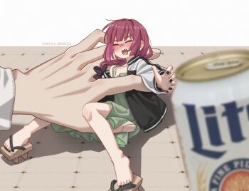 1boy 1girl beer_can black_bow black_nails blurry blurry_foreground blush bocchi_the_rock! bow braid can closed_eyes dress drink_can fang geta green_dress hair_over_shoulder highres hiroi_kikuri jacket miller_lite mini_person minigirl myvia_mokols purple_hair reaching single_braid solo_focus tears twitter_username