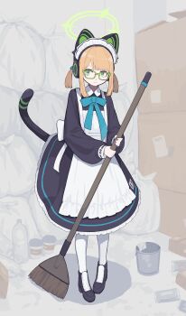 1girl absurdres animal_ear_headphones animal_ears apron aqua_bow aqua_bowtie bespectacled black_boots black_dress black_tail block_heels blonde_hair blue_archive blunt_bangs boots bottle bow bowtie box broom bucket cardboard_box cat_ear_headphones cat_ears cat_tail cleaning_rag closed_mouth collared_dress commentary contrast_collar cup disposable_coffee_cup disposable_cup dress fake_animal_ears fake_tail frilled_apron frilled_dress frills full_body glasses green-framed_eyewear green_eyes green_halo hair_bow halo headphones highres holding holding_broom long_sleeves looking_at_viewer maid maid_apron maid_headdress making-of_available medium_hair midori_(blue_archive) midori_(maid)_(blue_archive) number_print official_alternate_costume official_alternate_hairstyle pantyhose papaia_(quentingqoo) parted_bangs pigeon-toed puffy_long_sleeves puffy_sleeves shadow short_twintails sidelocks solo standing sweatdrop tail tail_raised trash_bag twintails water_bottle white_apron white_bow white_headdress white_pantyhose