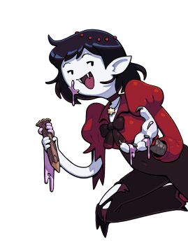 1girl adventure_time adventure_time:_fionna_and_cake black_hair blood blood_on_face bonnibel_bubblegum_(vampire_world) chewing_gum colored_skin demon_girl discount-supervillain fangs food food_on_face highres implied_murder jewelry marceline_abadeer necklace official_alternate_costume official_alternate_hair_length official_alternate_hairstyle pink_blood pointy_ears princess_bonnibel_bubblegum severed_arm severed_limb short_hair smile solo stake star_(symbol) star_necklace the_star_(adventure_time) vampire white_skin