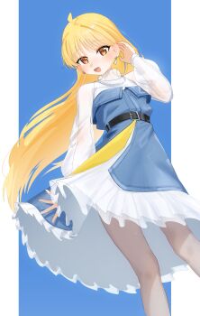 Rule 34 | 1girl, absurdres, ahoge, bang dream!, bang dream! it's mygo!!!!!, belt, blonde hair, bocchi the rock!, brown eyes, commentary, cosplay, dress, eltir, feet out of frame, frilled dress, frills, highres, ijichi nijika, instrument connection, long hair, looking at viewer, one side up, open mouth, shiina taki, shiina taki (cosplay), solo, standing, untranslatable commentary, very long hair