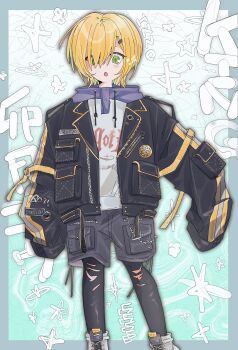 1boy absurdres arm_belt belt black_belt black_jacket black_leggings black_shorts blonde_hair blue_hood blush boots caution character_name clothes_writing drawstring drop_shadow feet_out_of_frame green_background green_eyes hair_intakes hair_ornament hair_over_one_eye hairclip highres hood hood_down hoodie jacket lace-up_boots lapels leggings looking_at_viewer loose_belt male_focus mitei_3 nijisanji no_headwear notched_lapels open_belt open_clothes open_jacket open_mouth pocket print_hoodie shoelaces short_hair shorts sleeves_past_fingers sleeves_past_wrists solo standing text_background torn_clothes torn_leggings unzipped uzuki_kou uzuki_kou_(5th_costume) virtual_youtuber wallet_chain white_boots white_hoodie wolf_cut yellow_belt yellow_trim zipper