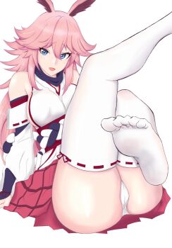 1girl animal_ears ass bare_shoulders breasts fox_ears highres honkai_(series) honkai_impact_3rd japanese_clothes kimono kneepits large_breasts legs_up long_hair looking_at_viewer nontraditional_miko obi open_mouth panties pink_hair pink_skirt ribbon-trimmed_thighhighs ribbon_trim sash short_kimono simple_background skirt soles solo task_baron thighhighs underwear white_background white_kimono white_panties white_thighhighs yae_sakura yae_sakura_(gyakushinn_miko)