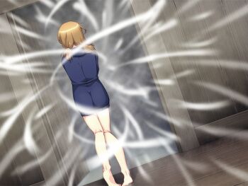 1girl abe_ryouko_(kankin_koukan) barefoot eroge_honpo female_focus from_behind game_cg jacket kankin_koukan snow solo