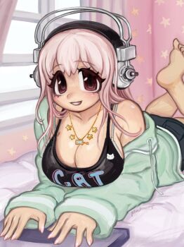 Rule 34 | 1girl, aqua jacket, armpit peek, barefoot, bed sheet, black shirt, black shorts, breasts, cleavage, computer, feet, headphones, highres, huge breasts, indoors, jacket, jewelry, laptop, long hair, looking at viewer, lying, necklace, nitroplus, on bed, on stomach, open clothes, open jacket, pink eyes, pink hair, plushvampy, pocket, shirt, shorts, sideboob, signature, single bare shoulder, smile, solo, star (symbol), super sonico, teeth, the pose, window