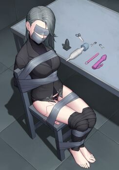 1girl anal_beads angry barefoot bdsm black_sweater blazer blindfold bondage bound bow bow_panties breasts brown_eyes brown_panties butt_plug chair clothes_pull commentary covered_eyes dildo earrings egg_vibrator gag gbeeee grey_blazer grey_hair hair_behind_ear hair_ornament hairpin highres hitachi_magic_wand improvised_gag interrogation jacket jewelry lace lace_panties large_breasts long_hair looking_at_viewer niijima_sae on_chair panties pants pants_pull persona persona_5 remote_control_vibrator restrained scissors see-through_clothes sex_toy sitting solo sweat sweater table tape tape_bondage tape_gag thighs tied_to_chair turtleneck turtleneck_sweater underwear vibrator vibrator_under_clothes vibrator_under_panties