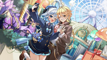 1boy 1girl ;d aether_(genshin_impact) ahoge alternate_costume balloon belt bimmy black_dress blonde_hair blubberbeast_(genshin_impact) blue_bow blue_eyes blue_hair blue_hat bow braid brown_footwear brown_jacket brown_pants carousel cellphone commentary cowboy_shot day dress drop-shaped_pupils earrings english_commentary ferris_wheel food furina_(genshin_impact) genshin_impact hair_between_eyes hand_up hat highres holding holding_food holding_phone jacket jewelry leg_up light_blue_hair long_sleeves multicolored_hair one_eye_closed open_mouth outdoors pants phone popcorn shirt single_braid slime_(genshin_impact) smartphone smile streaked_hair symbol-shaped_pupils w white_hair white_shirt yellow_eyes