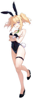 1girl @_@ absurdres animal_ear_hairband animal_ears arms_under_breasts bare_shoulders black_leotard black_shoes blonde_hair blush breasts chloe_(princess_connect!) commentary_request covered_navel crossed_arms detached_collar elf embarrassed fake_animal_ears fake_tail full_body green_necktie hair_ornament hairband high_heels highres leg_belt leotard looking_at_viewer medium_breasts necktie playboy_bunny pointy_ears princess_connect! pu90237361 purple_eyes rabbit_ear_hairband rabbit_ears rabbit_tail shoes sidelocks solo standing standing_on_one_leg strapless strapless_leotard sweat tail thighs twintails white_background white_wrist_cuffs wrist_cuffs