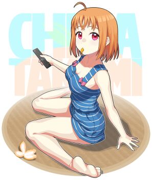 1girl ahoge bare_legs barefoot blue_tank_top breasts cleavage controller eating food fruit looking_at_viewer love_live! love_live!_sunshine!! no_bra on_floor orange_(fruit) orange_hair red_eyes remote_control short_hair striped takami_chika tank_top waste-man