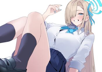 1girl absurdres asuna_(blue_archive) asuna_(school_uniform)_(blue_archive) black_shoes black_socks blonde_hair blue_archive blue_bow blue_bowtie blue_eyes blue_halo blue_ribbon blue_skirt blush bow bowtie breasts button_gap grin hair_over_one_eye hair_ribbon halo highres large_breasts long_hair nakano_kura ribbon school_uniform shirt shoes sitting skirt sleeves_rolled_up smile socks solo thighs very_long_hair white_background white_shirt