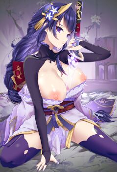 1girl absurdres arm_up back_bow blunt_bangs bow braid breasts breasts_out bridal_gauntlets closed_mouth clothing_cutout commentary_request covered_collarbone drawing_sword eyeliner fan_hair_ornament flower_ornament from_side genshin_impact glowing glowing_sword glowing_weapon gradient_hair hair_ornament hair_ribbon highres holding holding_sword holding_weapon huge_breasts huge_nipples human_scabbard japanese_clothes kimono long_braid long_hair makeup mitsudomoe_(shape) mole mole_under_eye multicolored_hair musou_isshin_(genshin_impact) nipples off_shoulder pink_lips purple_background purple_eyes purple_hair purple_kimono purple_nails purple_thighhighs raiden_shogun red_eyeliner red_sash ribbon sash shade shadow shoulder_cutout single_braid sitting solo streaked_hair sword sword_between_breasts taratwuruta thighhighs thighs tomoe_(symbol) wariza weapon