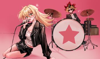 1boy 1girl apt._(rose_&amp;_bruno_mars) arm_support black_skirt blonde_hair blush breasts cleavage collar commentary_request crop_top dark_magician_girl drum duel_monster green_eyes hair_intakes highres holding holding_microphone instrument jacket kaiba_corps korean_commentary leather leather_jacket long_hair looking_at_viewer magical_girl microphone multicolored_hair muto_yugi open_mouth skirt smile star_(symbol) sunglasses yu-gi-oh!