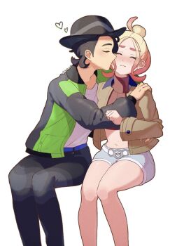 1boy 1girl black_hair black_pants blonde_hair blush brown_jacket c4rr0t_oishi closed_eyes commentary_request gradient_hair hat heart hetero highres jacket kiss kissing_cheek midriff multicolored_hair nintendo open_clothes open_jacket orange_hair pants paxton_(pokemon) pokemon pokemon_legends:_z-a red_shirt shirt shorts sweater taunie_(pokemon) twitter_username white_shirt white_shorts