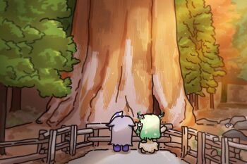 Rule 34 | 1other, 2girls, antlers, bing huyue, california, ceres fauna, ceres fauna (1st costume), chibi, commentary, deer antlers, deer girl, english commentary, fence, flower, green hair, hair flaps, hair flower, hair ornament, hololive, hololive english, horns, koseki bijou, long hair, multiple girls, pebble (koseki bijou), pointing, pointing up, real world location, sequoia national park, tree, united states, virtual youtuber