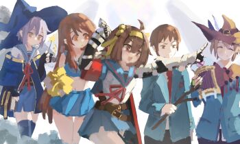 2boys 3girls :d ^_^ absurdres armband asahina_mikuru belly belt blue_cape blue_hat blue_jacket blue_sailor_collar blue_skirt blue_thighhighs blush brown_eyes brown_hair cape cheerleader closed_eyes commentary denpajin-ryuushi english_commentary fingerless_gloves frown gloves hair_ribbon hairband hat hat_feather highres holding holding_pom_poms holding_wand jacket kita_high_school_uniform kneehighs koizumi_itsuki kyon large_hat long_hair long_sleeves medium_hair miniskirt multiple_boys multiple_girls nagato_yuki navel necktie open_clothes open_jacket open_mouth outstretched_arm pleated_skirt pom_pom_(cheerleading) pom_poms purple_hair red_armband red_necktie red_ribbon ribbon sailor_collar school_uniform serafuku shirt short_hair short_sleeves skirt smile socks star_(symbol) style_request summer_uniform suzumiya_haruhi suzumiya_haruhi_no_yuuutsu tank_top thighhighs wand white_shirt witch_hat yellow_eyes yellow_hairband yellow_ribbon