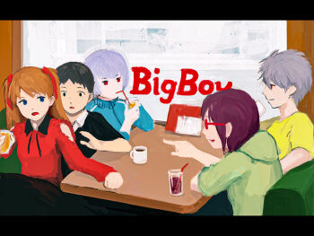 2boys 3girls ayanami_rei big_boy_restaurants black_eyes blue_eyes blue_hair coffee_mug collared_shirt cup diner drinking_straw grey_hair holding holding_cup ikari_shinji makinami_mari_illustrious mug multiple_boys multiple_girls nagisa_kaworu neon_genesis_evangelion open_mouth plusma purple_hair red-framed_eyewear red_eyes shirt sitting smile souryuu_asuka_langley yellow_shirt