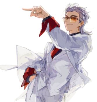 Rule 34 | 1boy, black shirt, closed mouth, commentary request, cowboy shot, dutch angle, formal clothes, grey hair, grey pants, hair slicked back, hand in pocket, hand up, jacket, long sleeves, looking at viewer, male focus, necktie, one eye closed, orange-tinted eyewear, pants, pointing, red necktie, shirt, short hair, simple background, sketch, smile, solo, standing, suit, sunglasses, tinted eyewear, to be hero, to be hero x, tyoookozuki, white background, white jacket, white pants, x (to be hero x)