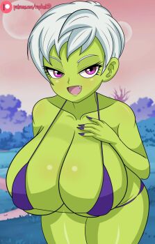 1girl alternate_breast_size bikini breasts cheelai colored_skin dragon_ball dragon_ball_super green_skin highres large_breasts leaning_forward looking_at_viewer purple_eyes purple_nails raydonxd solo swimsuit tagme white_hair