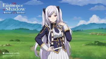 Rule 34 | 1girl, alexia midgar, artist request, black corset, black jacket, black necktie, closed mouth, cloud, copyright notice, corset, crunchyroll, gold trim, grass, hand on own hip, highres, jacket, kage no jitsuryokusha ni naritakute!, kage no jitsuryokusha ni naritakute! master of garden, logo, long hair, midgar academy school uniform, necktie, official art, open clothes, open jacket, pink eyes, pleated skirt, rock, school uniform, shirt, short necktie, skirt, sky, smile, solo, white shirt, white skirt