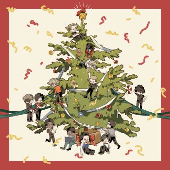 6+boys 6+girls ada_wong alcohol ashley_graham beard_stubble black_coat black_hair black_pants blonde_hair blue_eyes border box brown_hair carlos_oliveira character_request chibi chibi_only chris_redfield christmas christmas_ornaments christmas_present christmas_tree claire_redfield closed_mouth coat collared_shirt computer cup dark-skinned_male dark_skin drinking_glass facial_hair gift gift_box gingerbread_man glasses grey_shirt hair_over_one_eye highres holding holding_box holding_cup holding_gift holding_hands jack_krauser jacket jake_muller jill_valentine laptop leon_s._kennedy luis_sera multiple_boys multiple_girls one_eye_closed orange_jacket pants parted_bangs parted_lips rebecca_chambers red_border red_shirt red_wine resident_evil resident_evil_3:_nemesis resident_evil_4 resident_evil_6 sherry_birkin shirt stubble stuffed_animal stuffed_toy teddy_bear wavy_hair white_shirt wine wine_glass xianyu_chuan