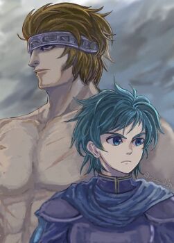 Rule 34 | 2boys, blue eyes, blue hair, brown hair, closed mouth, commentary request, durban (fire emblem), fire emblem, fire emblem: the blazing blade, height difference, highres, large pectorals, lips, liu (naiqin), male focus, multiple boys, nintendo, pectorals, roland (fire emblem), short hair, twitter username, upper body