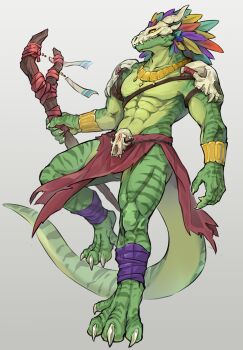 1boy abs bara colored_sclera commission ershan full_body furry furry_male highres holding holding_staff jewelry loincloth male_focus mask pectorals reptile_boy second-party_source skull_mask skull_pauldron solo staff tail terraria toned toned_male witch_doctor_(terraria) wooden_staff yellow_sclera