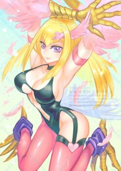Rule 34 | 1girl, arms up, black one-piece swimsuit, blonde hair, breasts, cleavage, duel monster, feathered wings, feathers, harpie girl (yu-gi-oh!), izapara, large breasts, long hair, one-piece swimsuit, pantyhose, pink feathers, pink pantyhose, pink thighhighs, pink wings, purple eyes, single leg pantyhose, single thighhigh, solo, swimsuit, talons, thighhighs, watermark, winged arms, wings, yu-gi-oh!