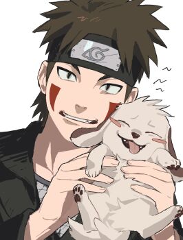 1boy akamaru_(naruto) animal black_eyes brown_hair commentary dog facial_mark forehead_protector highres holding holding_animal holding_dog inuzuka_kiba konohagakure_symbol looking_at_viewer male_focus mtk066621 naruto_(classic) naruto_(series) short_hair symbol-only_commentary teeth upper_body white_background