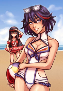 Rule 34 | 10s, 2girls, adapted costume, alternate costume, ball, baywatch, beach, beachball, day, english text, eyewear on head, grin, head tilt, holding, iahfy, junketsu, kill la kill, kiryuuin satsuki, legs apart, lifeguard, looking at viewer, matoi ryuuko, multiple girls, ocean, one-piece swimsuit, outdoors, sand, siblings, sisters, smile, sunglasses, swimsuit, teeth, water