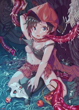 1girl apple bad_id bad_pixiv_id bare_arms bare_shoulders belt black_hair breasts cape collarbone food fruit grimm_(rwby) highres hood hood_up imminent_rape medium_breasts navel nipples outdoors red_eyes red_hood red_skirt restrained ruby_rose rwby shirt shoes sitting skirt suggestive_fluid tears tentacles tongue wangxiii weapon