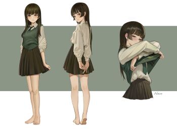 1girl absurdres barefoot black_hair black_skirt blush bow bowtie breasts brown_eyes commentary_request green_bow green_bowtie green_vest half-closed_eyes highres hime_cut lifting_own_clothes long_hair looking_at_viewer looking_back mole mole_on_cheek multiple_views original school_uniform shirt skirt small_breasts standing thighs user_vvdr2237 vest white_shirt