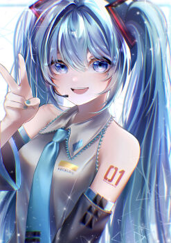 1girl absurdres aqua_eyes aqua_hair aqua_necktie aqua_trim arm_tattoo bare_shoulders breasts character_name character_name_tattoo collared_shirt commentary_request detached_sleeves frilled_sleeves frills grey_shirt hair_between_eyes hair_ornament hatsune_miku headset highres long_hair looking_at_viewer medium_breasts naruse_star necktie number_tattoo open_mouth shirt sleeveless sleeveless_shirt smile solo sparkle tattoo twintails upper_body v very_long_hair vocaloid