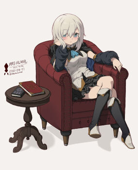 1girl aqua_ascot arm_support ars_almal ars_almal_(1st_costume) ascot black_boots black_cape black_skirt black_sleeves blue_ascot blue_eyes book boots breasts cape closed_mouth couch crossed_legs detached_sleeves frilled_skirt frills hair_between_eyes highres hood hooded_cape large_breasts long_sleeves lught_blush miniskirt nijisanji on_couch pleated_skirt puffy_long_sleeves puffy_sleeves shirt short_hair skirt sleeveless solo table tatami_kami virtual_youtuber white_background white_hair white_shirt wooden_table