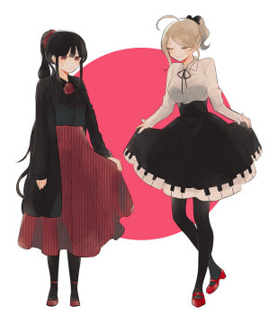 Rule 34 | 2girls, ^ ^, ahoge, akamatsu kaede, alternate costume, annoyed, ascot, black ascot, black bow, black coat, black hair, black pantyhose, black ribbon, black shirt, black skirt, blonde hair, blunt bangs, bow, breasts, bright pupils, brooch, buttons, center frills, circle, closed eyes, closed mouth, coat, collared coat, collared shirt, curtsey, danganronpa (series), danganronpa v3: killing harmony, dot nose, double-parted bangs, downturned eyes, dress shirt, eyelashes, flats, flower, flower brooch, frilled sleeves, frills, frown, full body, hair bow, hair ornament, hair scrunchie, happy, harukawa maki, high-waist skirt, high heels, jewelry, lapels, large breasts, light blush, long hair, long skirt, long sleeves, looking at self, mary janes, medium skirt, mole, mole under eye, mong 0 0, multiple girls, neck ribbon, open clothes, open coat, pantyhose, peaked lapels, piano print, pink background, pleated skirt, ponytail, print skirt, pumps, red eyes, red flower, red rose, red scrunchie, red shoes, red skirt, ribbon, rose, scrunchie, shirt, shoes, short hair, short ponytail, sidelocks, skirt, skirt hold, sleeves past wrists, smile, standing, striped clothes, striped skirt, sweatdrop, third-party source, two-tone background, unmoving pattern, vertical-striped clothes, vertical-striped skirt, very long hair, wavy hair, white background, white pupils, white shirt
