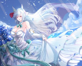 Rule 34 | 1girl, absurdres, animal ears, aqua bow, bare shoulders, blue hair, blue sky, blush, bouquet, bow, braid, breasts, bridal gauntlets, bride, cleavage, cloud, commentary request, crown braid, detached collar, dress, ear ribbon, flower, highres, holding, holding bouquet, horse ears, horse girl, horse tail, kentan (kingtaiki), large breasts, long hair, mejiro ardan (umamusume), ocean, parted lips, purple eyes, skirt hold, sky, smile, solo, tail, umamusume, water, wedding dress, white dress