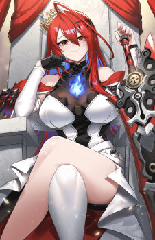 1girl ahoge bare_shoulders black_gloves blue_fire breasts burnt_green_tea closed_mouth colored_inner_hair commentary crossed_legs crown dress elizabeth_rose_bloodflame elizabeth_rose_bloodflame_(1st_costume) english_commentary fire fire_on_chest gloves greatsword highres hololive hololive_english huge_ahoge large_breasts long_hair looking_at_viewer multicolored_hair red_eyes red_hair single_glove single_thighhigh sitting sitting_on_throne smile solo sword thighhighs thorn_(elizabeth_rose_bloodflame) virtual_youtuber weapon white_dress