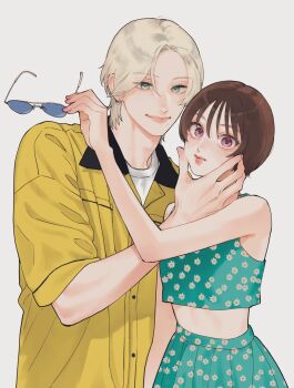 1boy 1girl blush breast_pocket brown_hair buttons commentary_request couple crop_top daisy_(flower) earrings floral_print flower glasses green_eyes green_skirt hand_on_another&#039;s_cheek hand_on_another&#039;s_face hand_on_own_face hetero highres holding holding_removed_eyewear ichimaru_kohaku jacket jewelry leaning leaning_forward mika_yamamori mole mole_under_mouth pink_nails pocket purple_eyes shirt short_hair simple_background skirt sunglasses takiguchi_yoi unworn_eyewear uruwashi_no_yoi_no_tsuki white_background white_hair white_shirt yellow_jacket