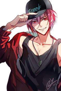 1boy 2y adjusting_clothes adjusting_headwear baseball_cap black_tank_top collarbone commentary_request copyright_logo dated free! grin hat hood hoodie jewelry logo looking_at_viewer male_focus matsuoka_rin necklace red_eyes red_hair red_hoodie sharp_teeth short_hair signature simple_background smile solo tank_top teeth upper_body white_background