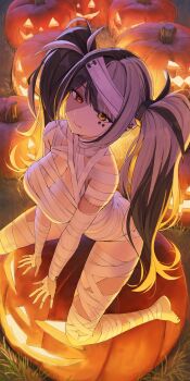 1girl ass bandage_on_hair bandaged_arm bandaged_chest bandaged_head bandages barefoot black_hair breasts brown_hair cleavage colored_skin commentary_request ear_piercing grey_skin hair_intakes halloween_costume heterochromia highres kamo_ashi large_breasts looking_at_viewer multicolored_hair mummy_costume naked_bandage original patchwork_skin piercing pumpkin solo split-color_hair stitched_arm stitched_face stitched_hand stitched_leg stitches twintails twitter_username two-tone_hair