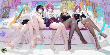 5girls awa_subaru bare_legs barefoot black_hair black_pantyhose black_thighhighs blonde_hair blue_eyes feet girls_band_cry highres iseri_nina kawaragi_momoka legs long_hair looking_at_viewer multiple_girls omone_hokoma_agm pantyhose pink_hair red_eyes rupa_(girls_band_cry) short_hair soles thighhighs yellow_eyes