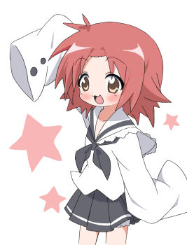 Rule 34 | 1girl, :3, :d, absurdres, arm up, black neckerchief, black skirt, blush, brown eyes, happy, highres, kogami akira, lucky star, neckerchief, onjyoji168685, open mouth, pink hair, pink star, pleated skirt, school uniform, shirt, skirt, smile, star (symbol), very long sleeves, white background, white shirt