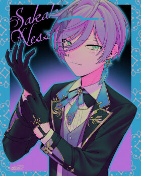 Rule 34 | 1boy, :3, absurdres, adjusting clothes, adjusting gloves, ahoge, androgynous, black background, black gloves, black jacket, blue border, blue outline, blue ribbon, border, buttons, character name, closed mouth, collared shirt, commentary request, earrings, feather earrings, feather hair ornament, feathers, film grain, fingernails, gloves, gold trim, green eyes, grey vest, hair between eyes, hair intakes, hair ornament, hands up, highres, jacket, jewelry, layered sleeves, long fingernails, long sleeves, looking at viewer, male focus, menma (enaic31), neck ribbon, nijisanji, open clothes, open jacket, outline, outside border, purple background, purple hair, ribbon, sakaki ness, sakaki ness (1st costume), shirt, short hair, simple background, slit pupils, solo, upper body, very short hair, vest, virtual youtuber, white shirt