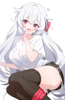 !? 1girl absurdres alternate_costume black_choker black_shorts black_thighhighs blush breasts choker collarbone commentary dolphin_shorts flower flying_sweatdrops fuyuka_(stella_sora) hair_flaps hair_flower hair_ornament head_tilt highres legs_together long_hair looking_at_viewer loungewear making-of_available orchid print_shirt reclining red_eyes shirt short_sleeves shorts shusuchii solo spoken_interrobang stella_sora sweat symbol-only_commentary t-shirt thighhighs thighs variant_set very_long_hair white_hair white_shirt