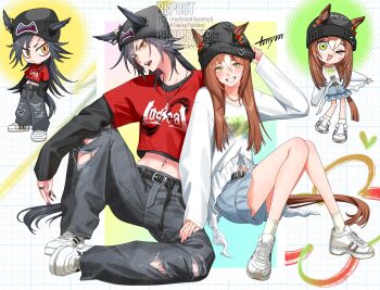 &gt;_o 2girls air_shakur_(umamusume) alternate_costume animal_ears asymmetrical_bangs bare_legs belt belt_buckle black_belt black_hair black_shirt blue_skirt blush_stickers brown_hair buckle casual chain chain_necklace chibi closed_mouth clothes_writing clothing_cutout clover_hat_ornament collarbone cropped_shirt denim ears_through_headwear eyelashes face_piercing fine_motion_(umamusume) forehead_piercing frilled_shirt frilled_skirt frills frown full_body green_eyes grey_pants grid_background grin hair_between_eyes hair_half_over_shoulder halftone hand_on_another&#039;s_leg hand_on_headwear hands_in_pockets happy hat_ornament head_tilt heart heart_hat_ornament highres horse_ears horse_girl horse_tail jeans jewelry knee_up knees knees_up layered_shirt long_hair long_sleeves looking_at_viewer midriff miniskirt multicolored_hair multiple_girls multiple_piercings multiple_views navel navel_piercing necklace one_eye_closed pants pendant piercing puffy_long_sleeves puffy_sleeves red_shirt ribbon shirt shoes signature sitting skirt sleeves_past_wrists smile sneakers socks stomach_cutout straight_hair streaked_hair t-shirt tail tamayume teeth thick_eyebrows torn_clothes torn_jeans torn_pants umamusume upper_teeth_only very_long_hair watermark white_background white_ribbon white_shirt white_shoes white_socks yellow_eyes