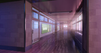 3d absurdres door hallway highres indoors no_humans original scenery school sidelighting sitai_xiii sunset window
