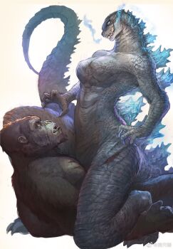 1boy 1girl breasts cavehuuu claws crossover fangs furry furry_female furry_male furry_with_furry genderswap genderswap_(mtf) gills girl_on_top glowing glowing_gills glowing_spikes glowing_veins godzilla godzilla_(series) godzilla_vs._kong highres king_kong king_kong_(series) kong_(monsterverse) legendary_pictures licking_lips monsterverse neon_trim scar spines straddling tail toho tongue tongue_out veins
