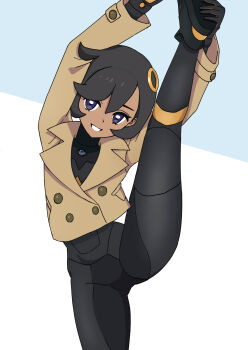 1girl arms_up black_bodysuit black_gloves black_hair black_shoes bodysuit bodysuit_under_clothes brown_jacket commentary_request cowboy_shot cowlick dark-skinned_female dark_skin emma_(pokemon) flexible gloves grin hair_between_eyes hair_ornament highres holding_own_leg jacket latex latex_bodysuit leg_hold leg_lift leg_up long_sleeves mega_stone nintendo pokemon pokemon_legends:_z-a purple_eyes ranchiman shoes short_hair sidelocks simple_background smile solo split standing standing_on_one_leg standing_split swept_bangs teeth