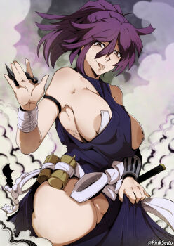 1girl :p areola_slip artist_name bandaid bandaids_on_nipples bare_hips bare_shoulders between_breasts blue_bodysuit bodysuit bodysuit_aside breasts brown_eyes closed_mouth clothes_between_breasts clothing_aside clothing_cutout cowboy_shot eyebrows eyelashes female_focus from_side hand_up hip_vent japanese_clothes jigokuraku kunai large_breasts looking_at_viewer looking_to_the_side medium_hair ninja no_panties orphen_(pink_seito) pasties ponytail presenting purple_hair sleeveless sleeveless_bodysuit smile smoke smug solo standing thighs tongue tongue_out weapon wide_hips yuzuriha_(jigokuraku)