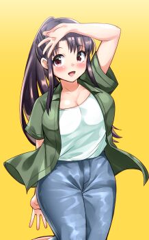 1girl blue_pants blush breasts brown_hair commentary_request cowboy_shot finger_counting green_jacket harem_camp! highres jacket large_breasts long_hair looking_at_viewer lower_teeth_only open_clothes open_jacket open_mouth pants ponytail red_eyes shirt smile solo teeth w white_shirt yellow_eyes yuuki_hb