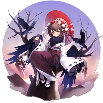 Rule 34 | 1girl, alternate costume, artist request, bare tree, bird, bird wings, black bird, black wings, brown hair, crow, feathered wings, full body, game asset, hat, holding, holding umbrella, in tree, japanese clothes, kimono, leaf print, long sleeves, looking at viewer, maple leaf print, medium hair, non-web source, official art, oil-paper umbrella, pointy ears, pom pom (clothes), red eyes, red hat, red skirt, red umbrella, ribbon-trimmed sleeves, ribbon trim, self-datamine, shameimaru aya, simple background, sitting, sitting in tree, skirt, socks, solo, tabi, tokin hat, touhou, touhou arcadia record, transparent background, tree, umbrella, white kimono, white socks, wide sleeves, wings